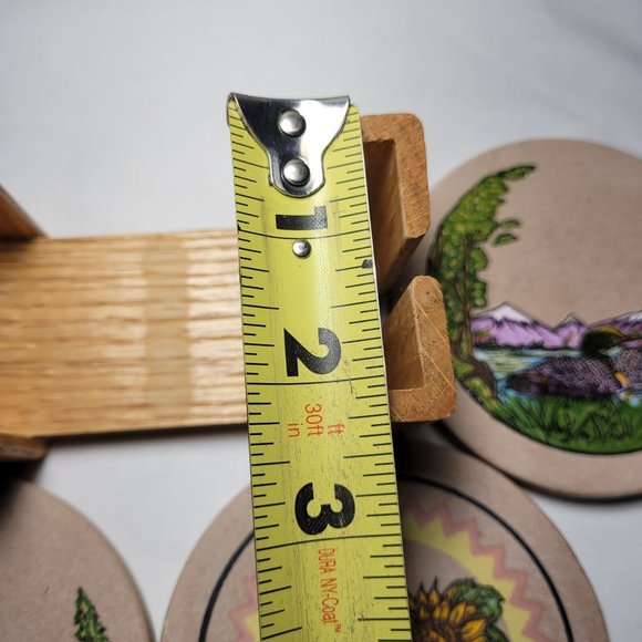 Absorbent Stone 4 Coaster Set With Oak Wood Holder Ducks and Sunflowers - Picture 6 of 7
